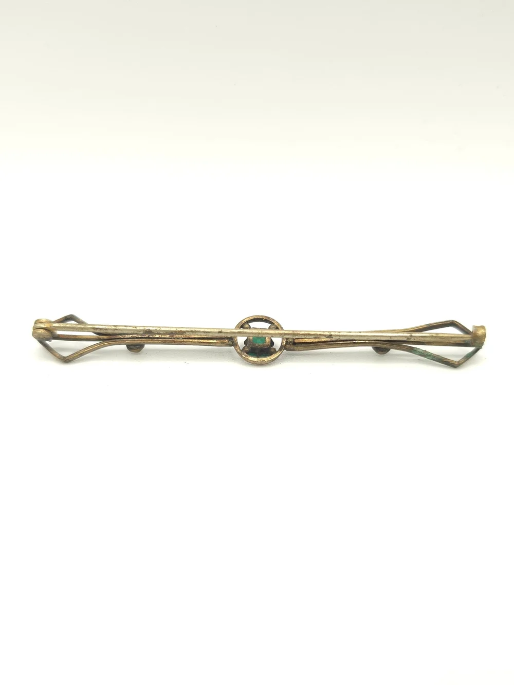 Antique Bar Brooch Gold Tone Green Stone Faux Pearl Edwardian Art Deco 2-7/8